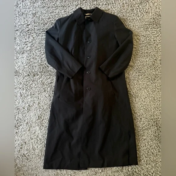 Bill Blass - Vintage 80’s Black Collared Trench Coat with Hood Attachment & Belt - Picture 2 of 9